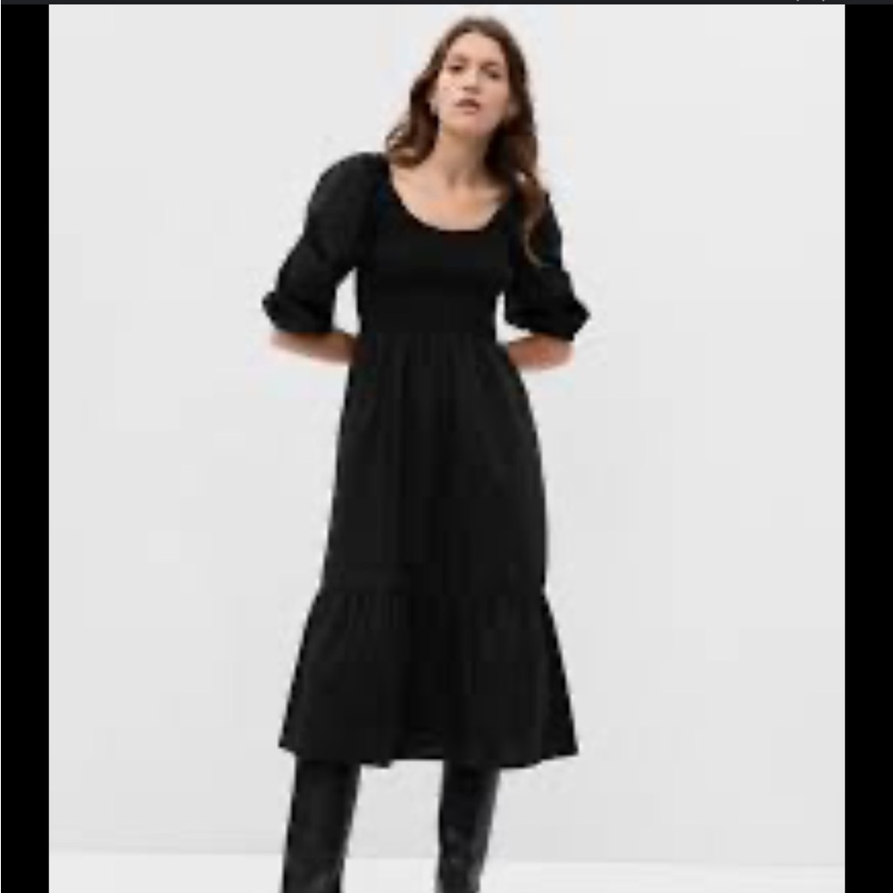 Gap Black Puff Sleeve Smocked Midi Dress